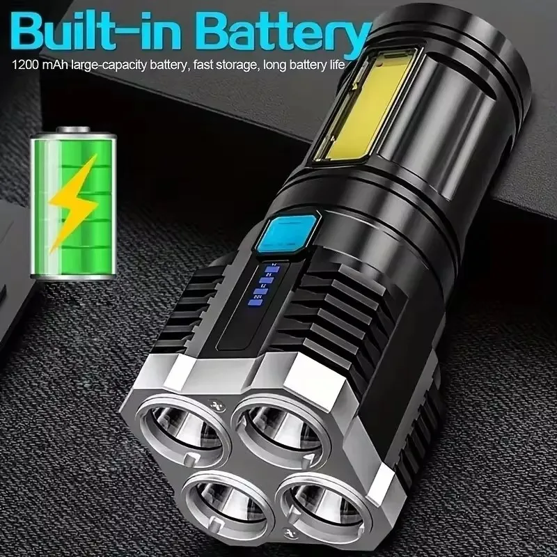 Four light high-intensity flashlight, long-range rechargeable COB side light flashlight, high brightness searchlight