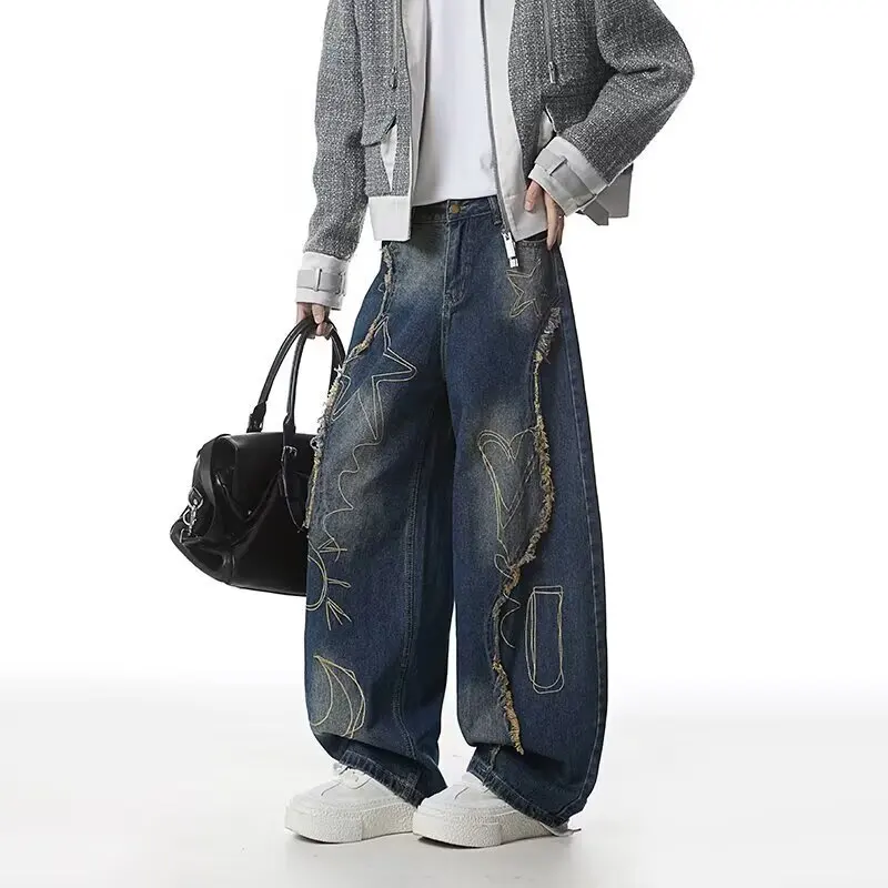 

Retro American Embroidered Distred Wide Leg Workwear Jeans Men's Loose Slimming Knife Casual Trousers Spring Autumn