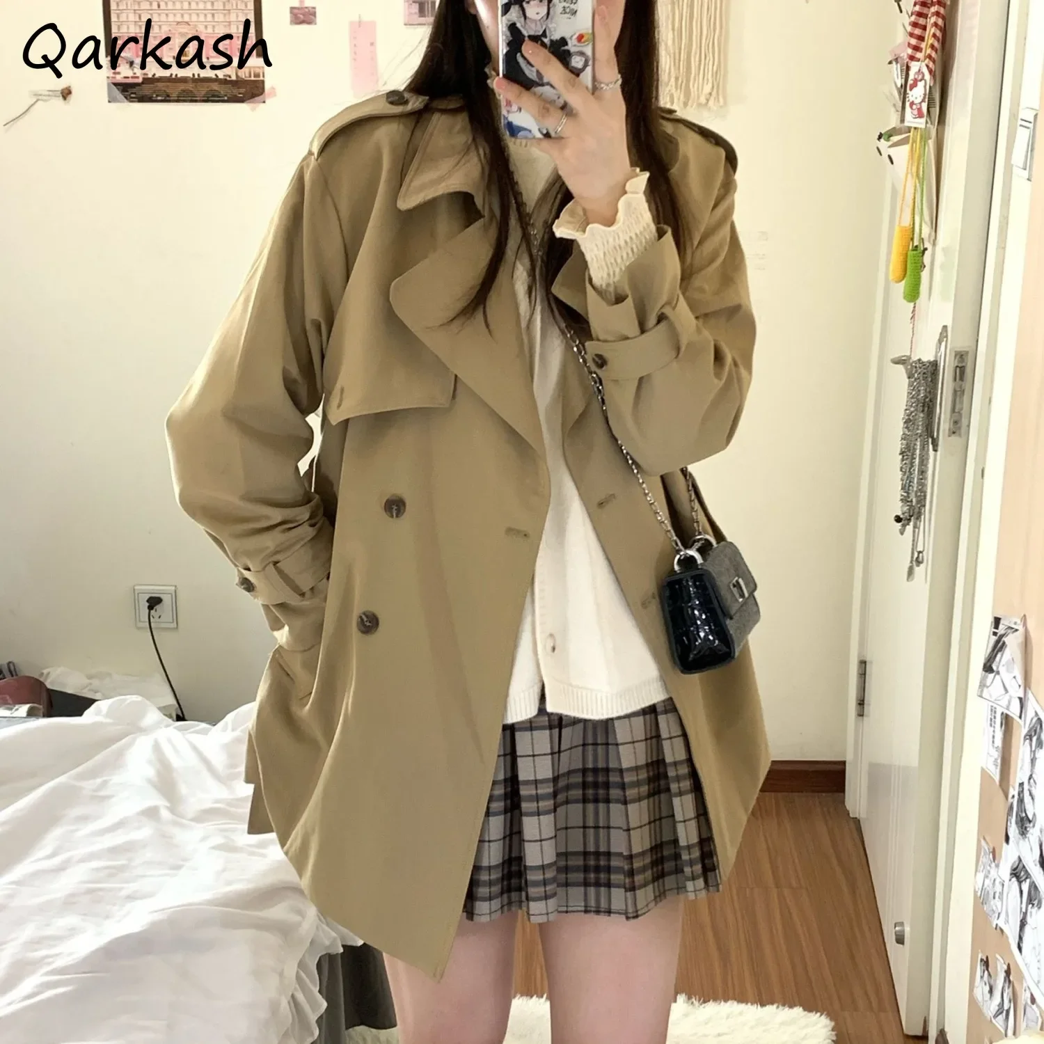 

Женский Тренч в консервативном стиле, свободный двубортный, чистый, шикарный, винтажный, милый, для девочек, осенняя уличная одежда, Harajuku Y2k, минималистичный, популярный