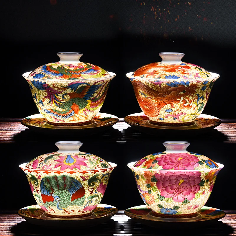 Chinese Ceramic Enamel Covered Bowl Tea Cup Household Large Three Piece Single Tea Set Gaiwan Gift Traditional Covered Tea Cup