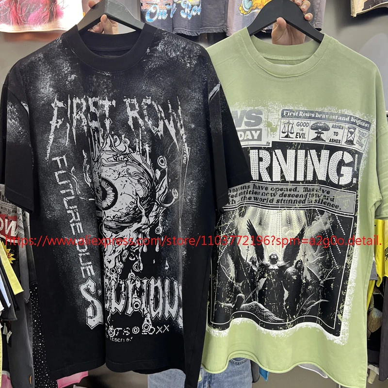 Hip Hop Fashionable FIRST ROW T-shirts Real Photos Retro Washed Hot Stamped First Row Short Sleeved T-shirt