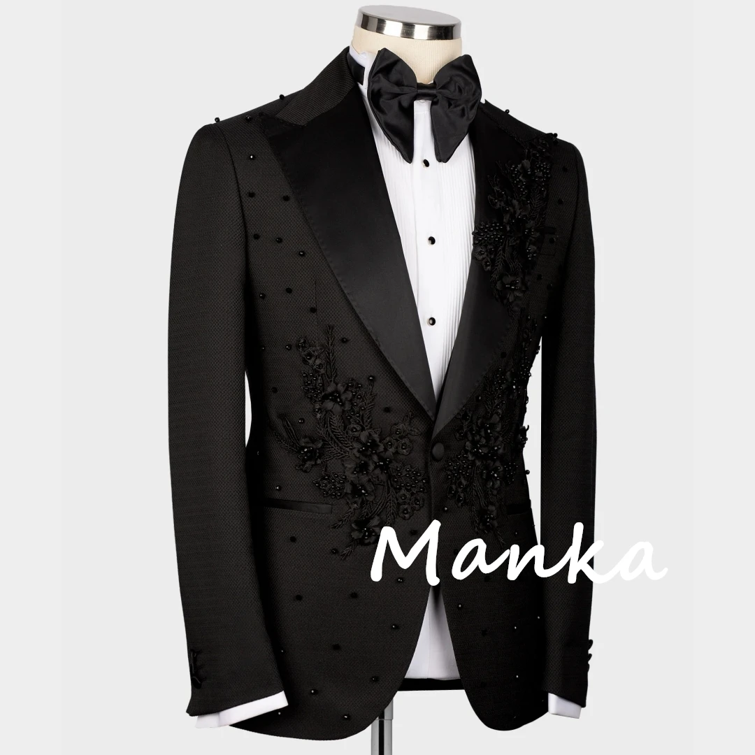 Esmoquin de lujo con Apliques de encaje y perlas para novio, Blazer de 3 piezas para boda, chaleco, pantalones, traje Formal para fiesta de graduación para hombre