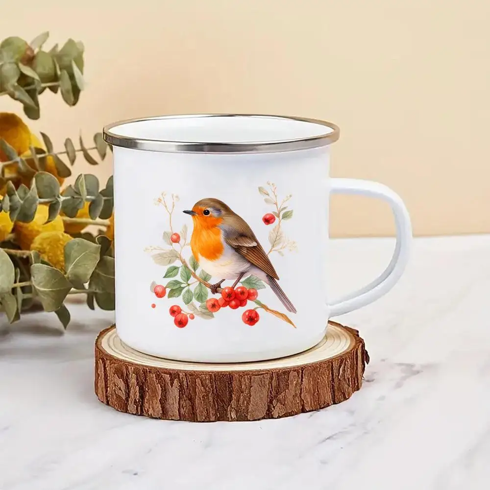 

Vibrant Enamel Mug with Red Berries & Green Leaves - Cute Cartoon Bird Design, Perfect for Coffee Lovers,