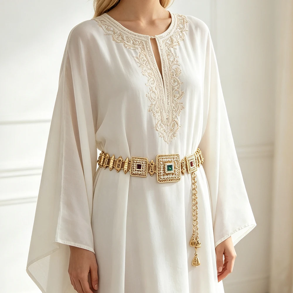 Sunspicems Gold Color Morocco Caftan Belt Metal Waist Chain Rhinestones Waist Belly Chain Belt Arabic Women Wedding Jewelry
