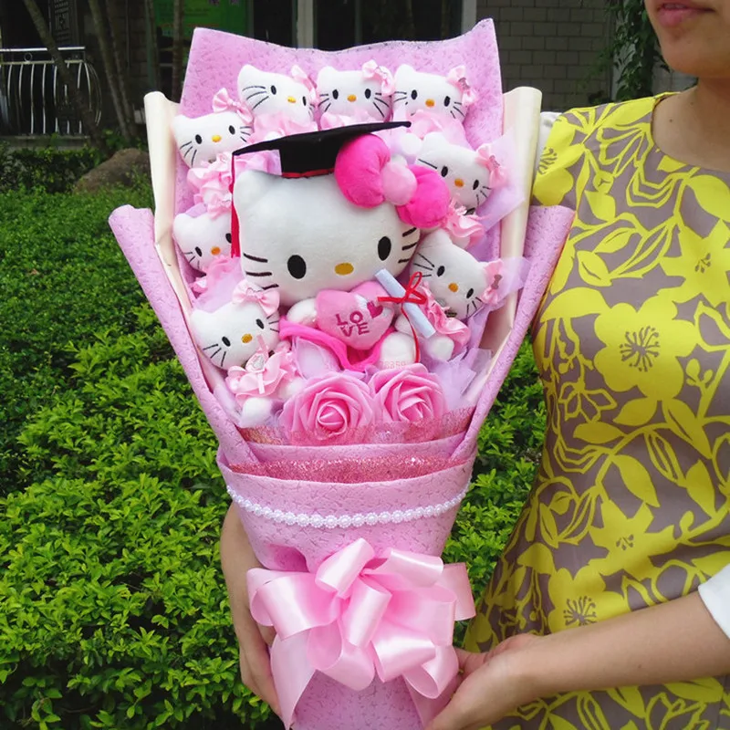 Sanrio Hello Kitty Graduation Hat Bouquet Plush Stuffed Toy Graduation Hats Doll Cute Foam Rose Flower Bouquet Graduation Gift