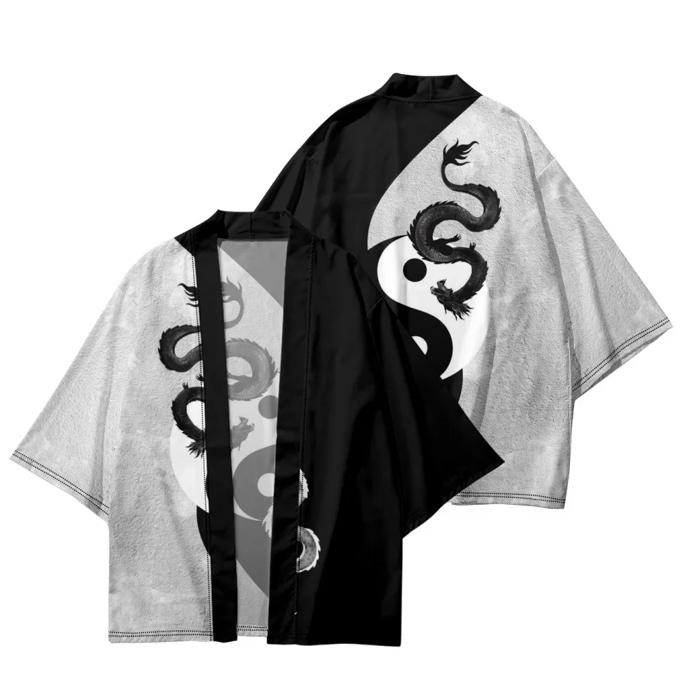 

Chinese Tai Chi Black White Dragon Printed Kimono Beach Shorts Cardigan Casual Couple Women Men Haori Yukata Streetwear