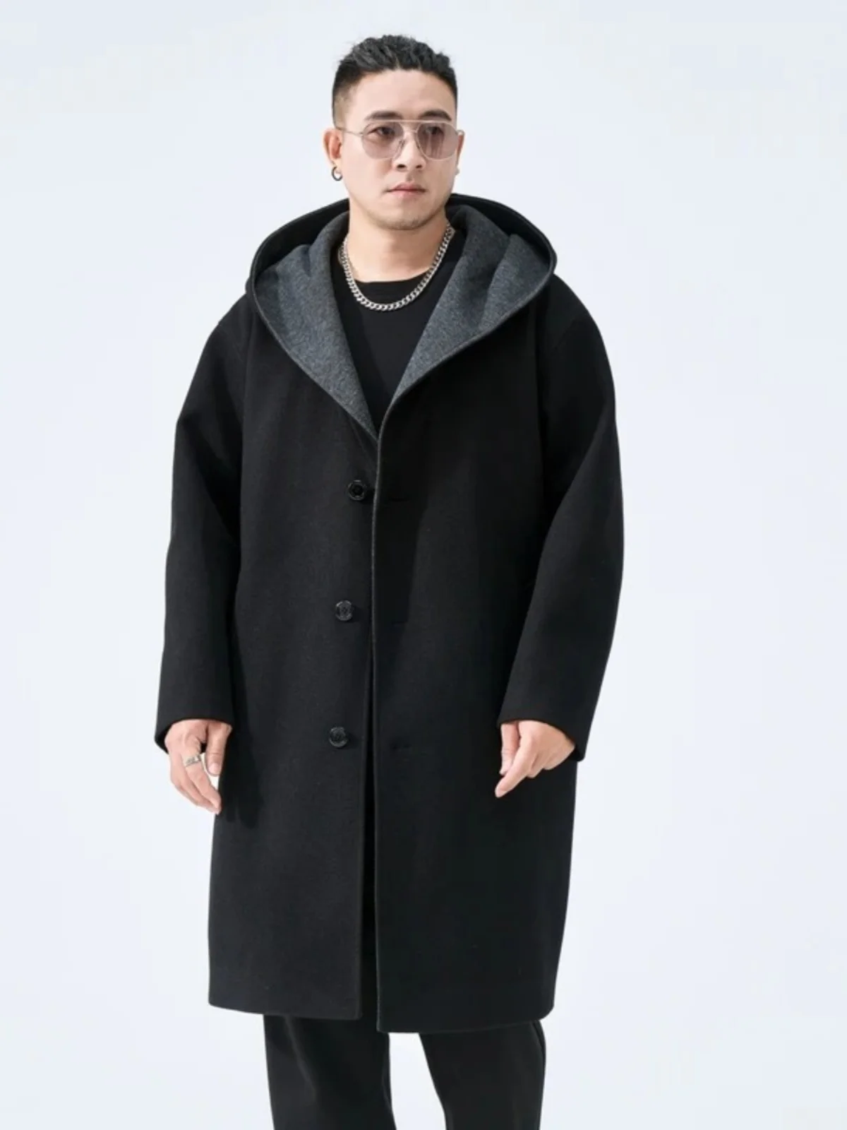 

Модное зимнее мужское шерстяное пальто с капюшоном, большие размеры, универсальная верхняя одежда, повседневный стиль, полиэстер, застежка-молния, длинный рукав