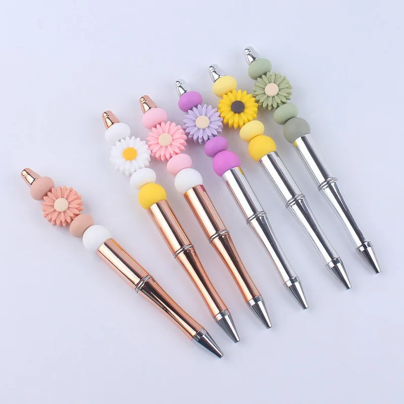 Cute Cartoon Silicone Daisy Round Beaded Ballpoint Pen Creative Colorful Plastic Ballpoint Pen DIY School Office Writing Product