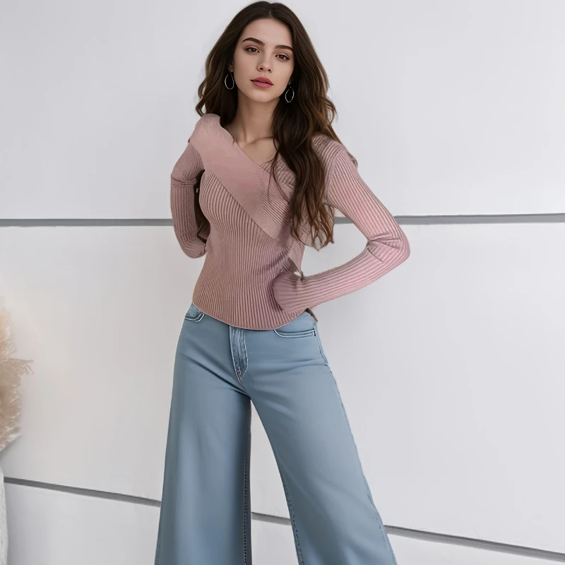 

Fashion Retro V-neck Women's Slim-fit Long-sleeved Sweater Solid Color New Knitwear Elegant Casual Bottoming Shirt