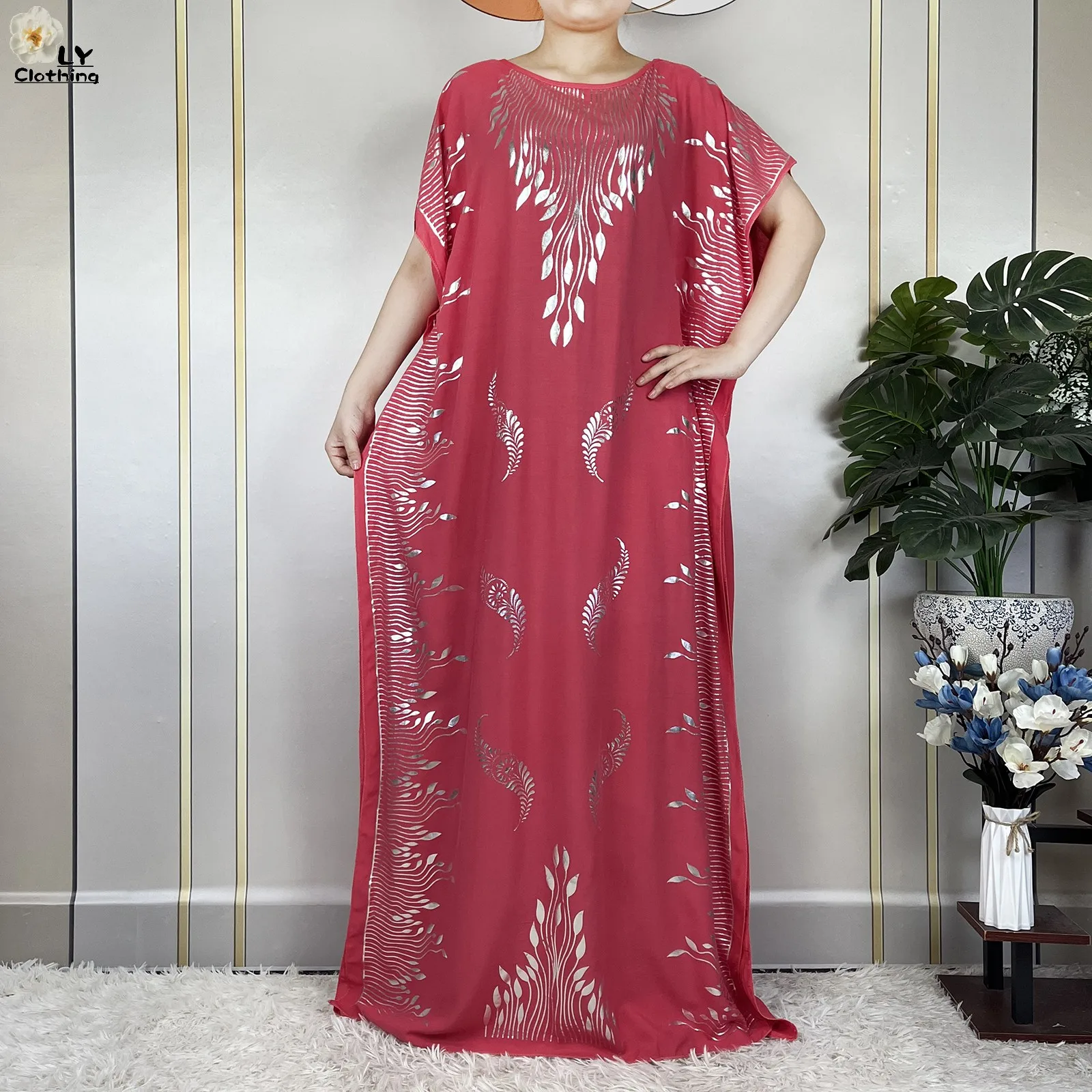 New African Summer Femme Short Sleeve Dress Cotton Gilding Dubai Kaftan Islam Women Dress With Big Scarf Loose Casual Clothes