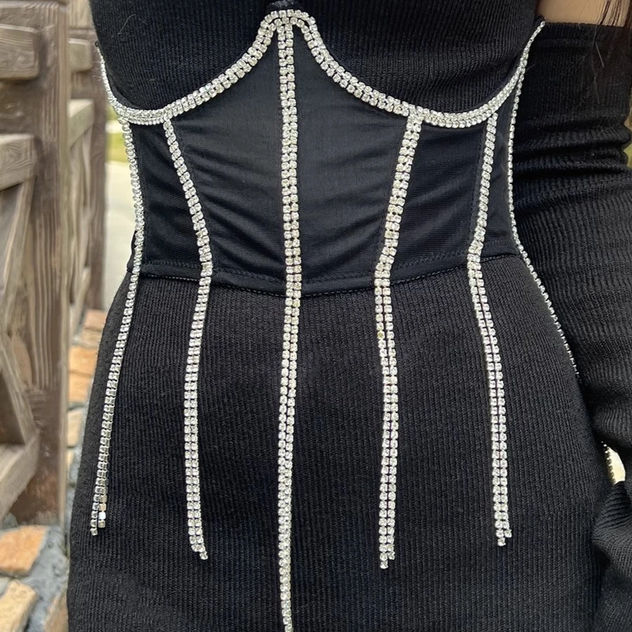 Women Underbust Corset Belt Luxury Diamonds Tassel Sexy Black Cummerbunds Streetwear NightClub Evening Party Stage Costume