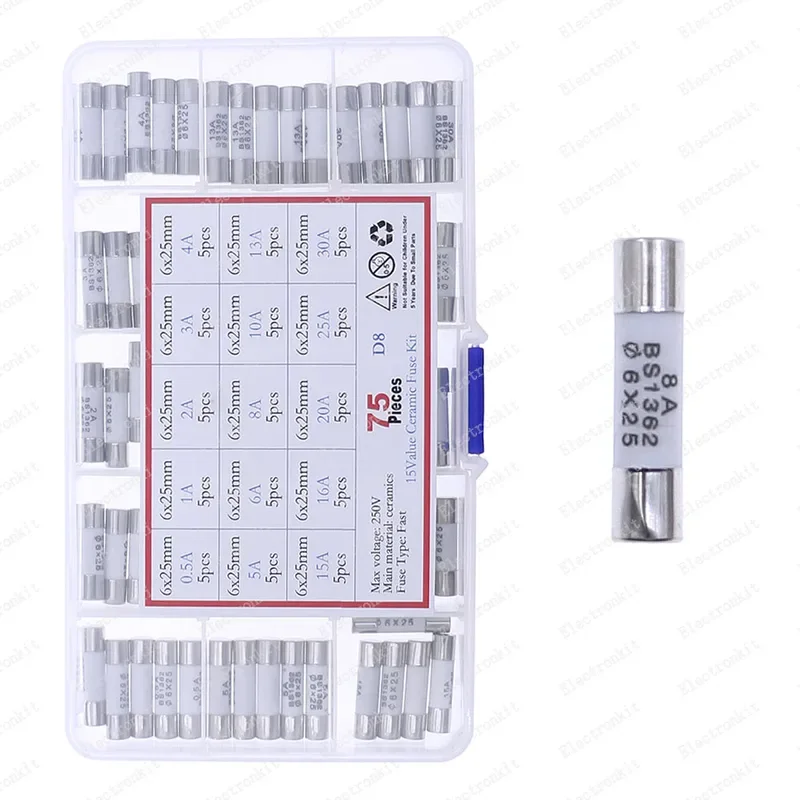 75pcs 6mm x 25mm 250V Fast Blow Ceramic Fuse Assortment Kit Box 0.5A 1A 2A 3A 4A 5A 6A 8A 8A 10A 13A 15A 16A 20A 25A 30A