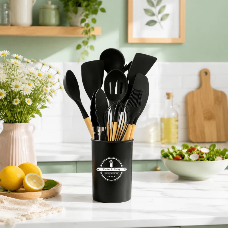 

12Pcs Black Silicone Cookware Set with Wooden Handles, Non-Stick Kitchen Tools, Practical Gift for Daily Cooking