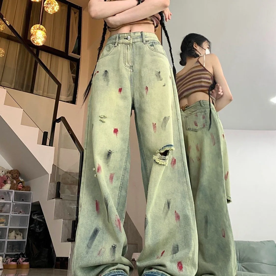 

Джинсы для девочек, женские отбеленные джинсы с принтом тай-дай, нерегулярные градиентные разноцветные художественные богемные летние пляжные каникулы, путешествия