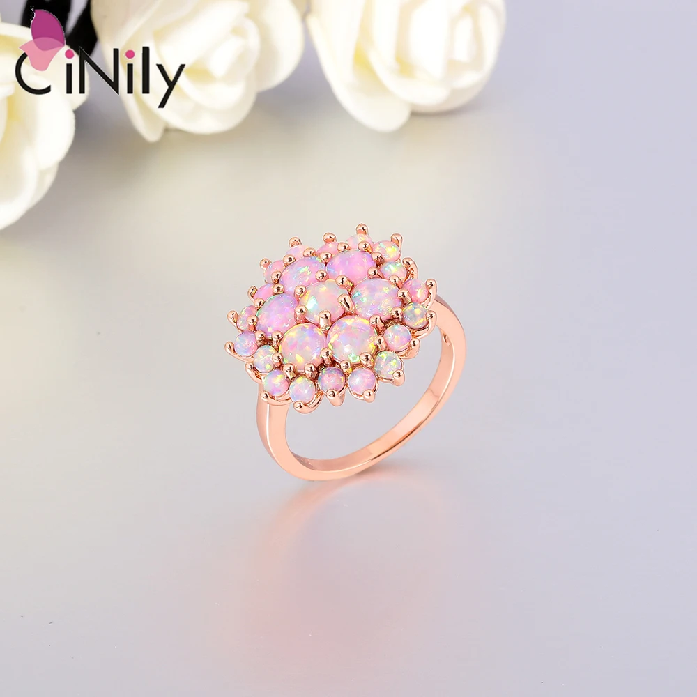 CiNily Pink Round Fire Opal Stone Rings Rose Gold Plated Flowers Bloom Plant Big Ring For Women Girls Wedding Fashion Jewelrys