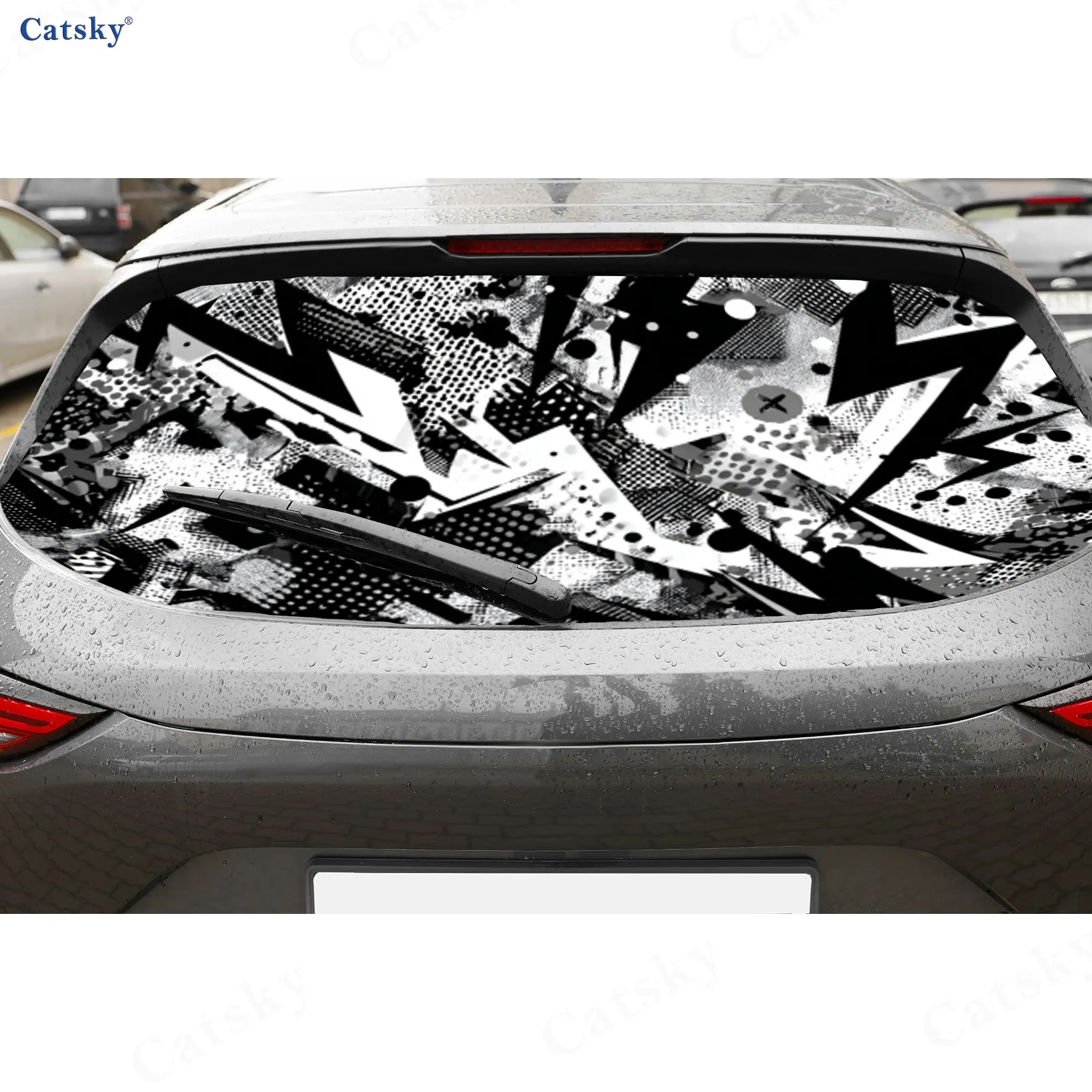 

Black & White Abstract Splash PVC Perforated Car Vinyl Wraps, Durable Car Rear Windshield Sticker, Waterproof Car Window Decal