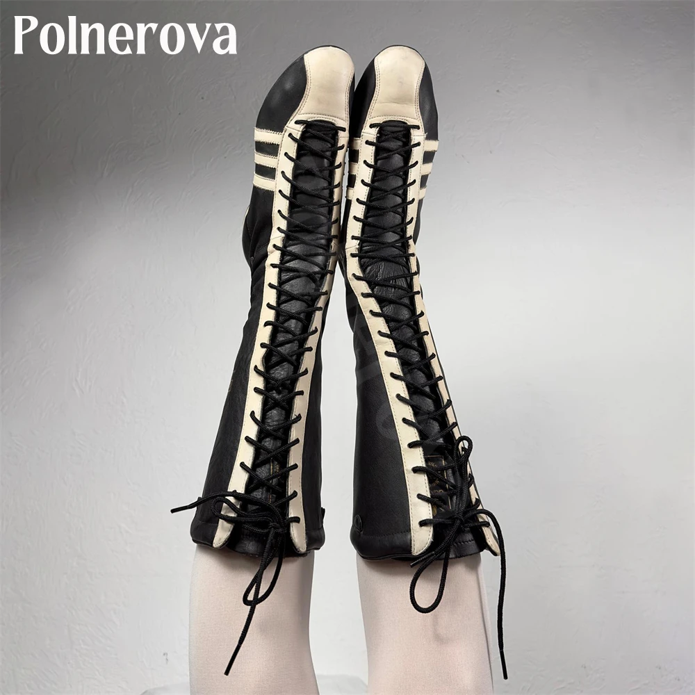 Vintage Style Sporty Knee-High Boots Designer Lace-Up Handmade Boots Soft and Comfortable Leather Flat Handmade Boots for Women