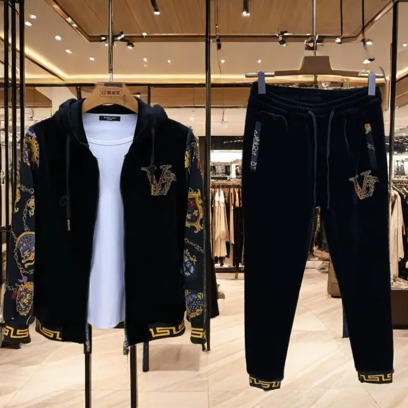 

Новые трендовые золотые бархатные модные мужские брюки из двух частей с капюшоном, весна и осень, новые молодежные брюки среднего возраста