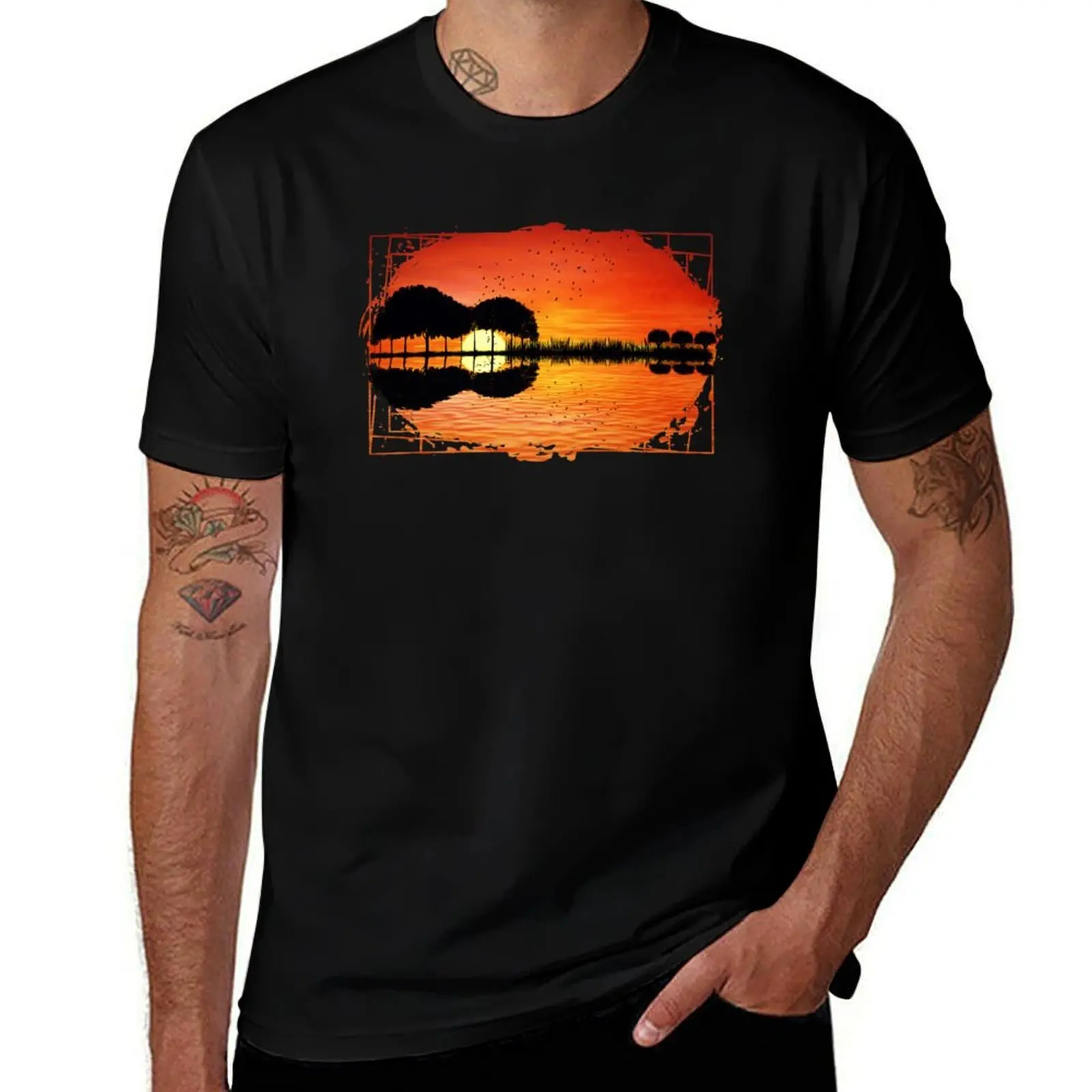 

guitar island sunset T-Shirt Graphic Print Short Sleeve T-Shirt