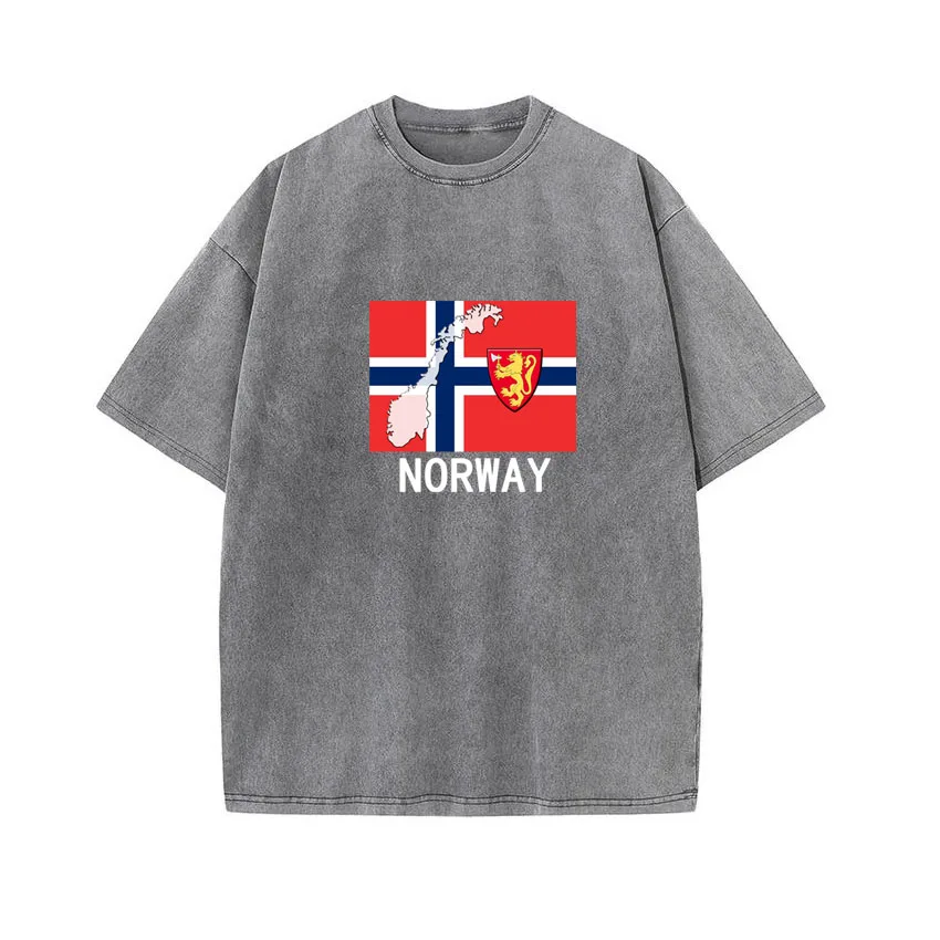 

Norway National Emblem Map Printed Vintage Washed T Shirts T Shirt Cotton Fashion Streetwear Unisex Top Summer Men Women Tee