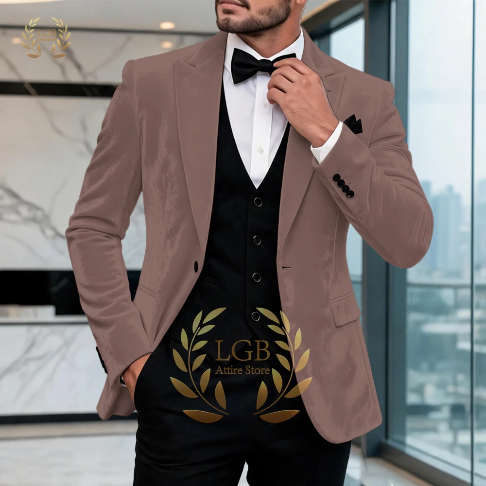 Traje de terciopelo para hombre, 3 piezas, color rosa empolvado, esmoquin para novio, blazer de boda, chaqueta con solapa de pico, chaleco y pantalones, traje formal para fiesta de graduación, disfraz para hombre