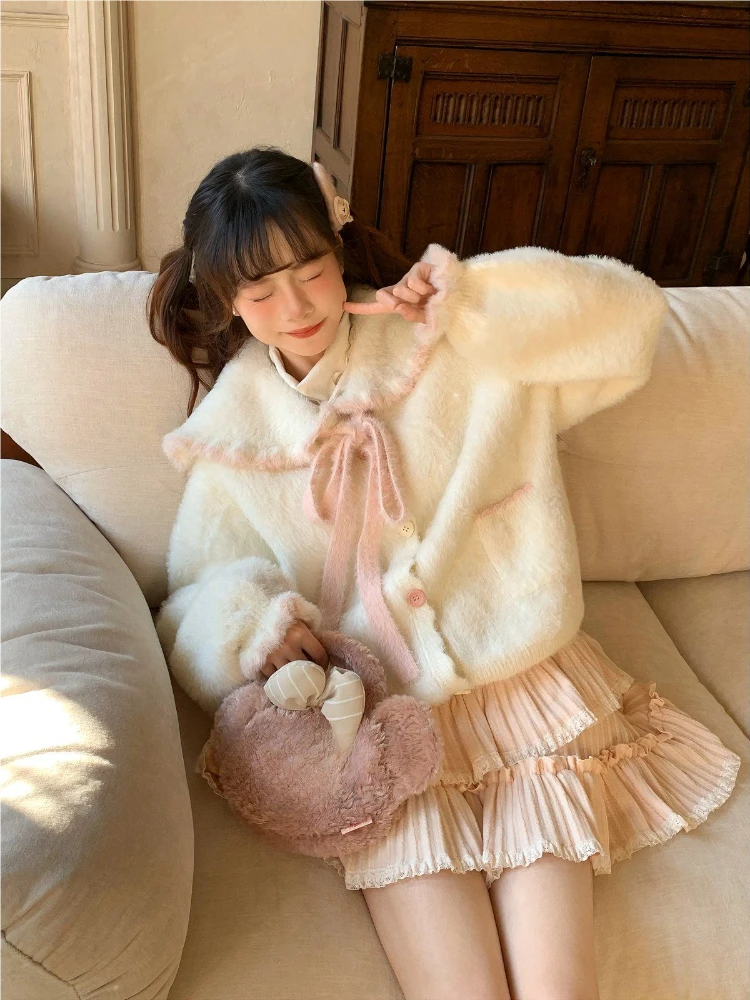 اليابانية Kawaii محبوك سترة المرأة عادية سليم Y2k ملابس طويلة الأكمام رقيقة طويلة الأكمام الحلو البلوز الإناث خمر شيك