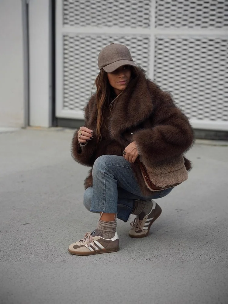 Inverno quente café colorido suave encantador confortável elegante deslocamento namoro lapela outerwear moda pele do falso