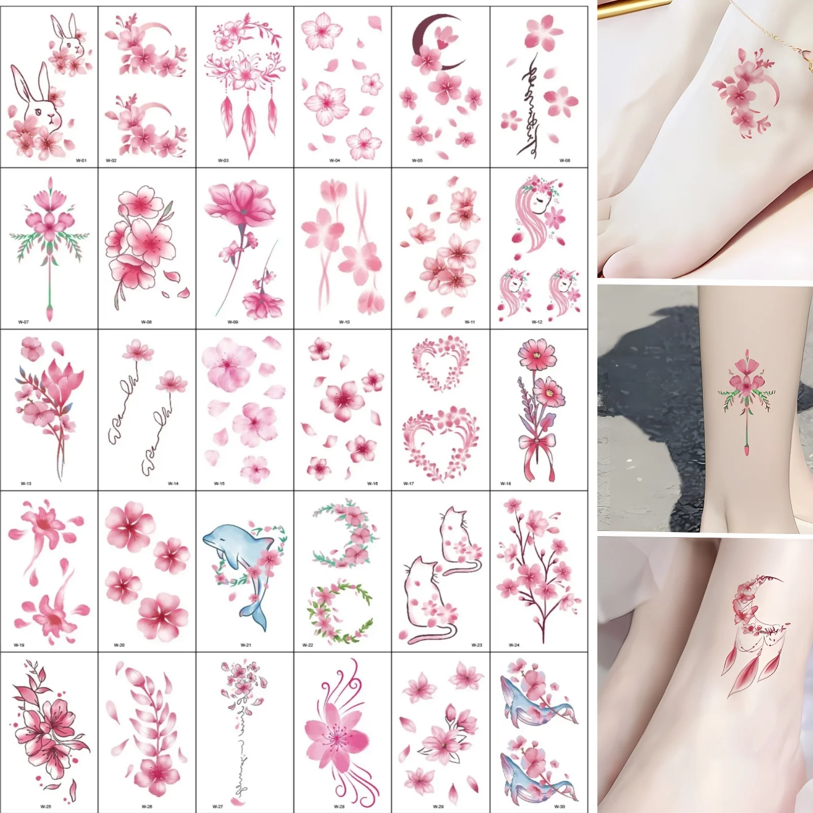 30pcs/lot Aesthetic Fake Tattoos Stickers Pink Dolphin Flower Unicorn Temporary Tattoo Adhesive for Women Girls Hands Tatouages