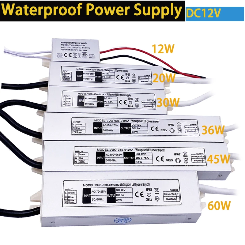 DC12V LED IP67 Driver Power Supply 220V Switching LED Driver Lighting Transformer 12W 20W 30W 36W 45W 60W For LED Light