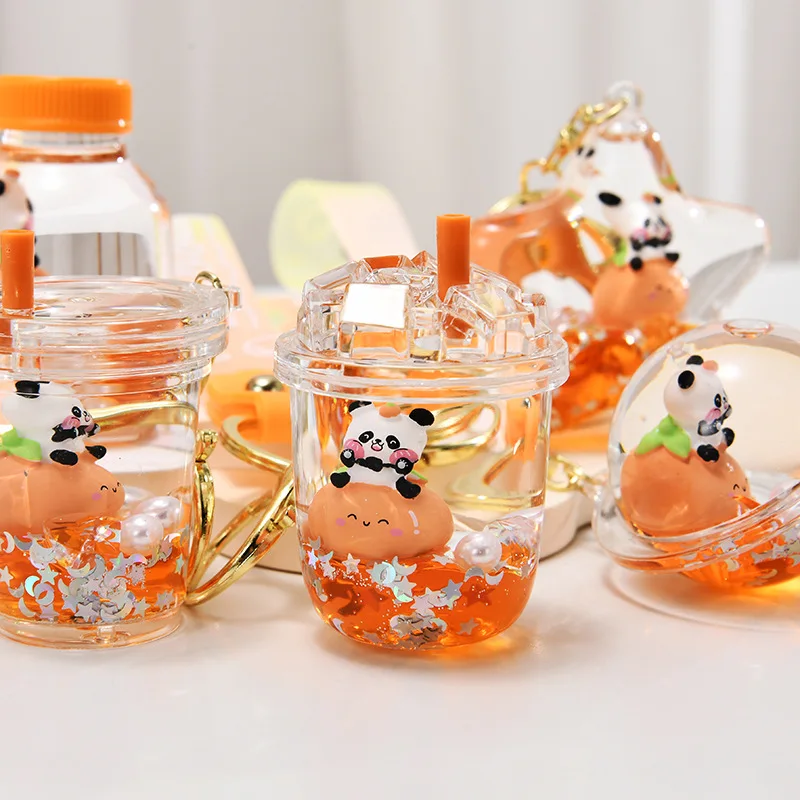 Cartoon Floating Pearl Ice Cube Panda Quicksand Bottle Keychain Cute Orange Panda Star Moon Sequin Iceberg Cup Liquid Key Chain