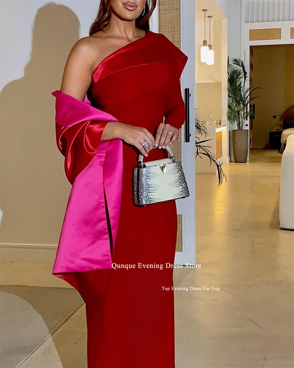 Qunque One Sleeve Slit Evening Dresses With Cape Vestidos De Noite Dubai Saudi Arabic Prom Dress Birthday Dresses Customized