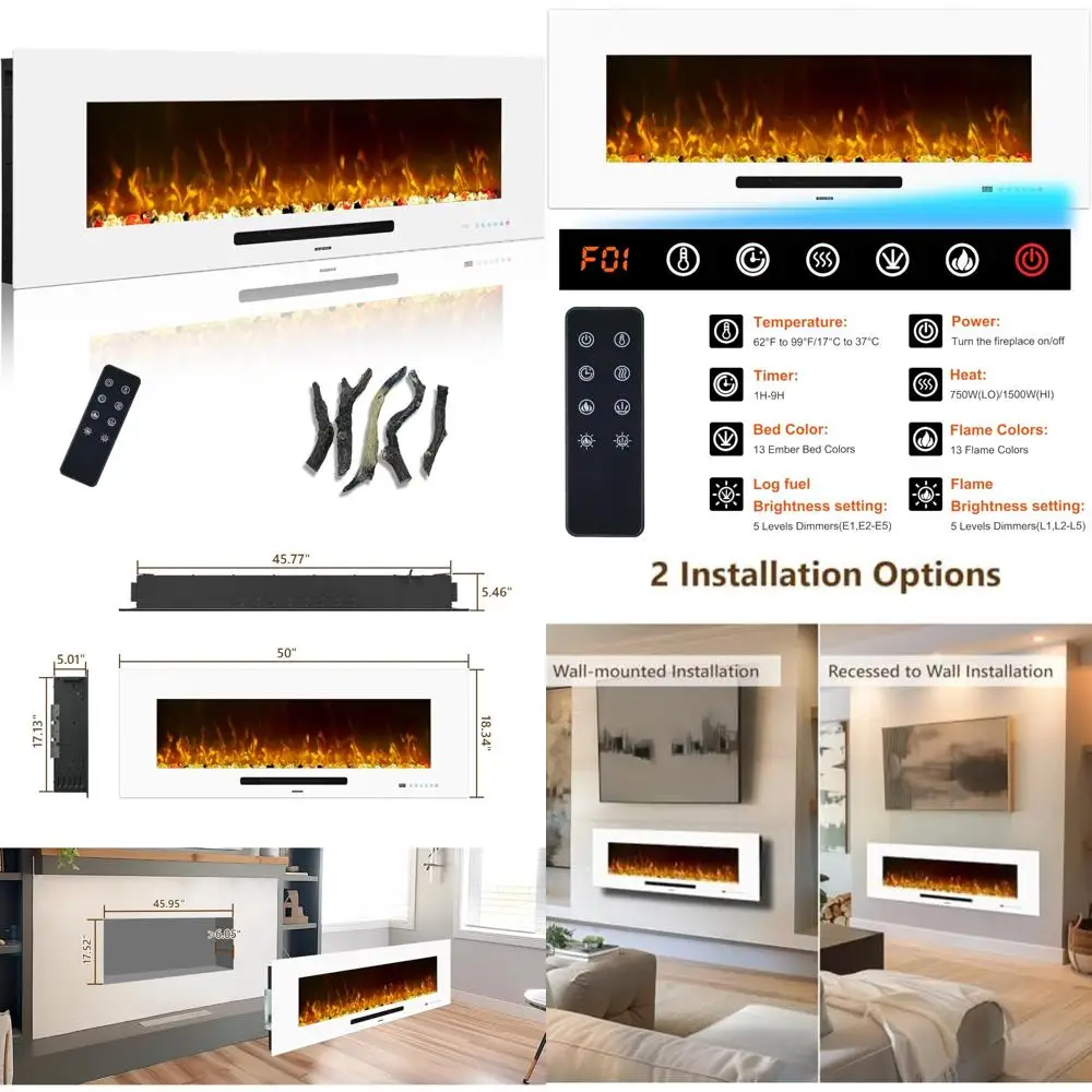

50 Inch Electric Fireplace Heater, Wall-Mounted with Remote Control, Adjustable 750W/1500W Thermostat, Multicolor Flame
