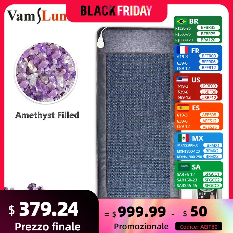 190x80cm Amethyst Far Infrared Heating Mattress Natural Crystal Gemstones Energy Mat for Back Pain Relief Smart Controller