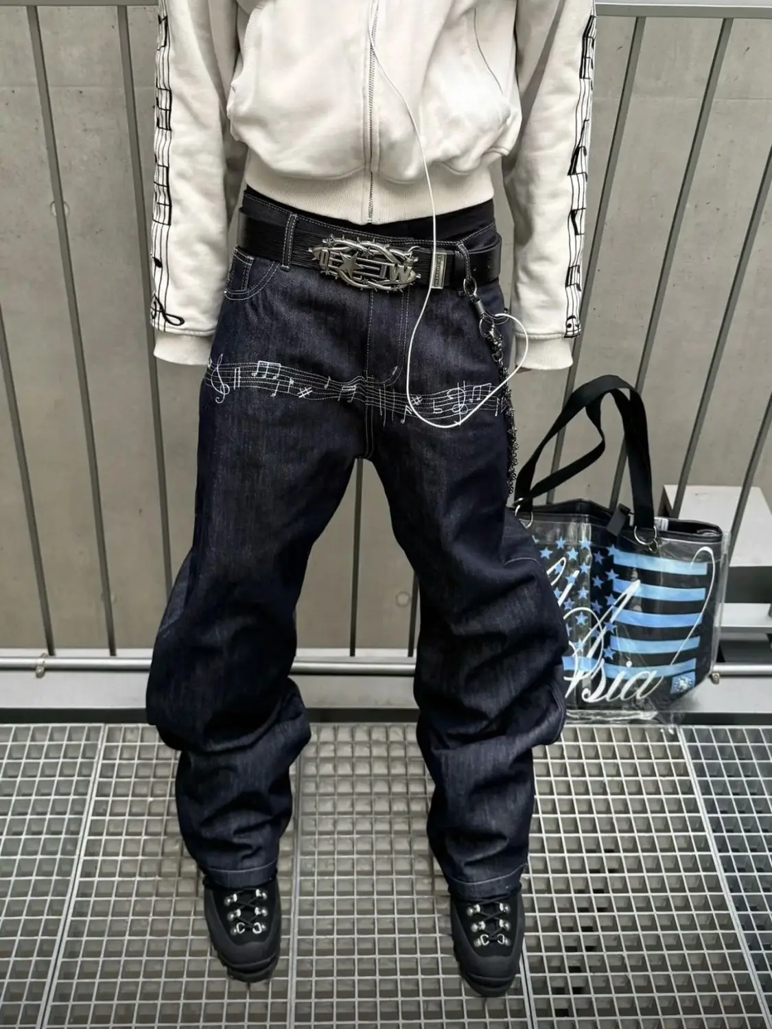 Men's Musical Note Pattern Retro Jeans Summer Streetwear Wide-leg Denim Trousers Bottom High Male Waist Sweatpants Casual Pants