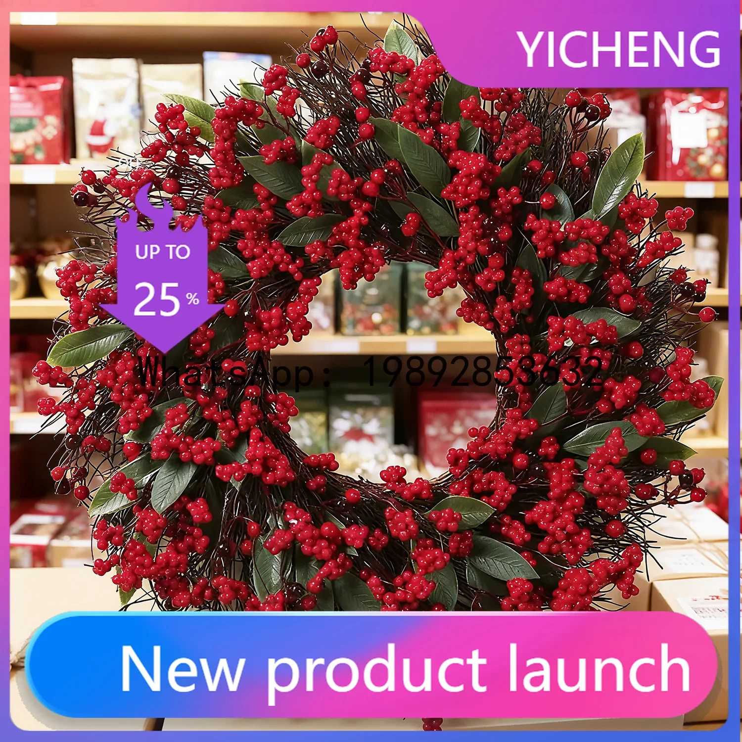 X New Christmas Artificial Holly Christmas Simulation Green Leaf Red Fruit Wreath Home Door Hanging--2 pcs