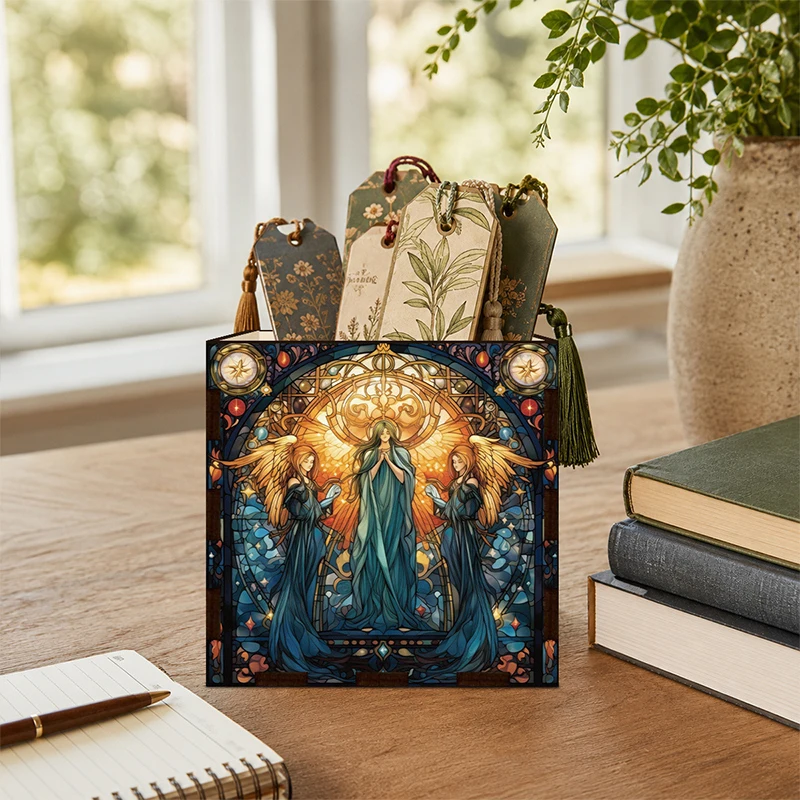 1 Wooden Bookmark Organizer with Angelic Painted Designs, Suitable for Meditation Spaces, Desktop Bookmark and Stationery Organizer, a Spiritual Decoration Gift for Fantasy Readers and Book Lovers