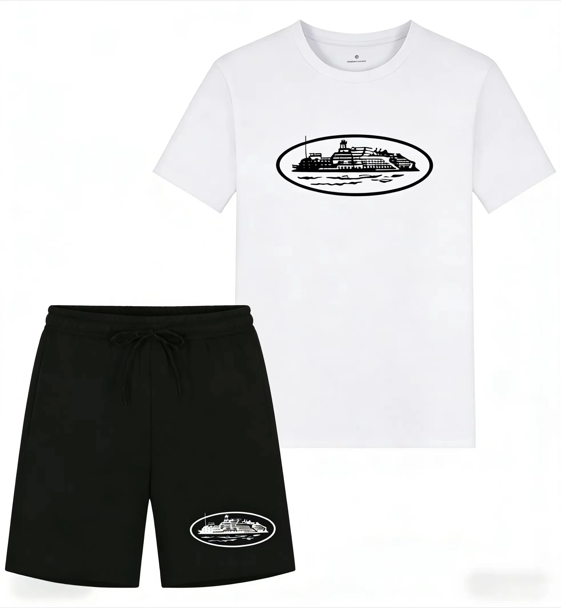 2026 Summer New Small Boat Printed Two-piece T-shirt and Shorts Loose Round Neck Breathable Half Sleeve Casual Fashion Brand view 3