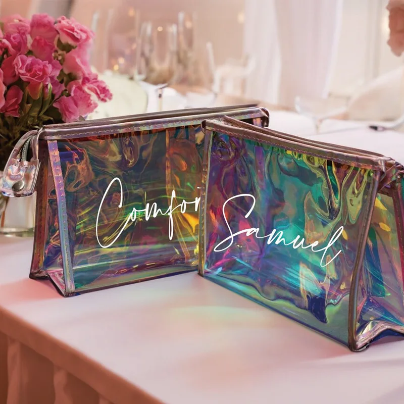 Personalized Makeup Bag, Clear Holographic Cosmetic Bag, Bridesmaid Gift Idea, Travel Bag, Bachelorette Party Gifts Makeup Bag