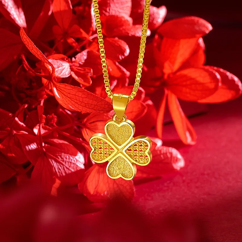 24k Real Gold 9999 Niche Popular Necklace Ins High-end Feeling Clover Heart Collarbone Necklace Pendant for Women Fine Jewelry