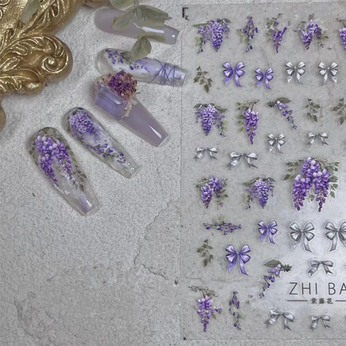 1pcs 5D Japanese Kawaii Purple Wisteria Flower Nail Art Stickers Flower Bow Nail Decoration Slider Decal Adhesive Transfer Part