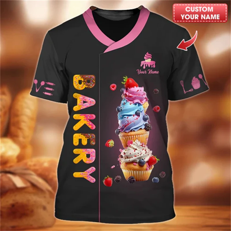 Baker Work Clothes Fashion T-shirt Personality 3D Print Food Pattern Short Sleeve T Shirts Baking Custom Name Pullover Tee 2025