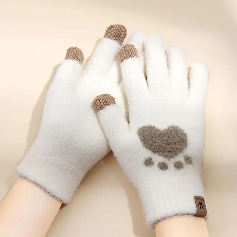 Guantes de invierno para pantalla táctil con patrón de Pata de Gato para mujer, guantes cálidos de dedos completos para hombre, con pantalla táctil