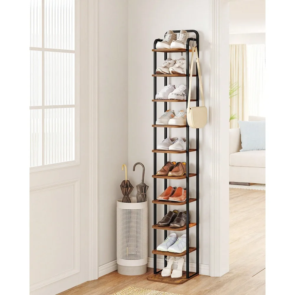 Vertical Shoe Rack,10 Tier Narrow Shelves, Wood Shoe Organizer For Closet, Entryway, Tower For Small Spaces
