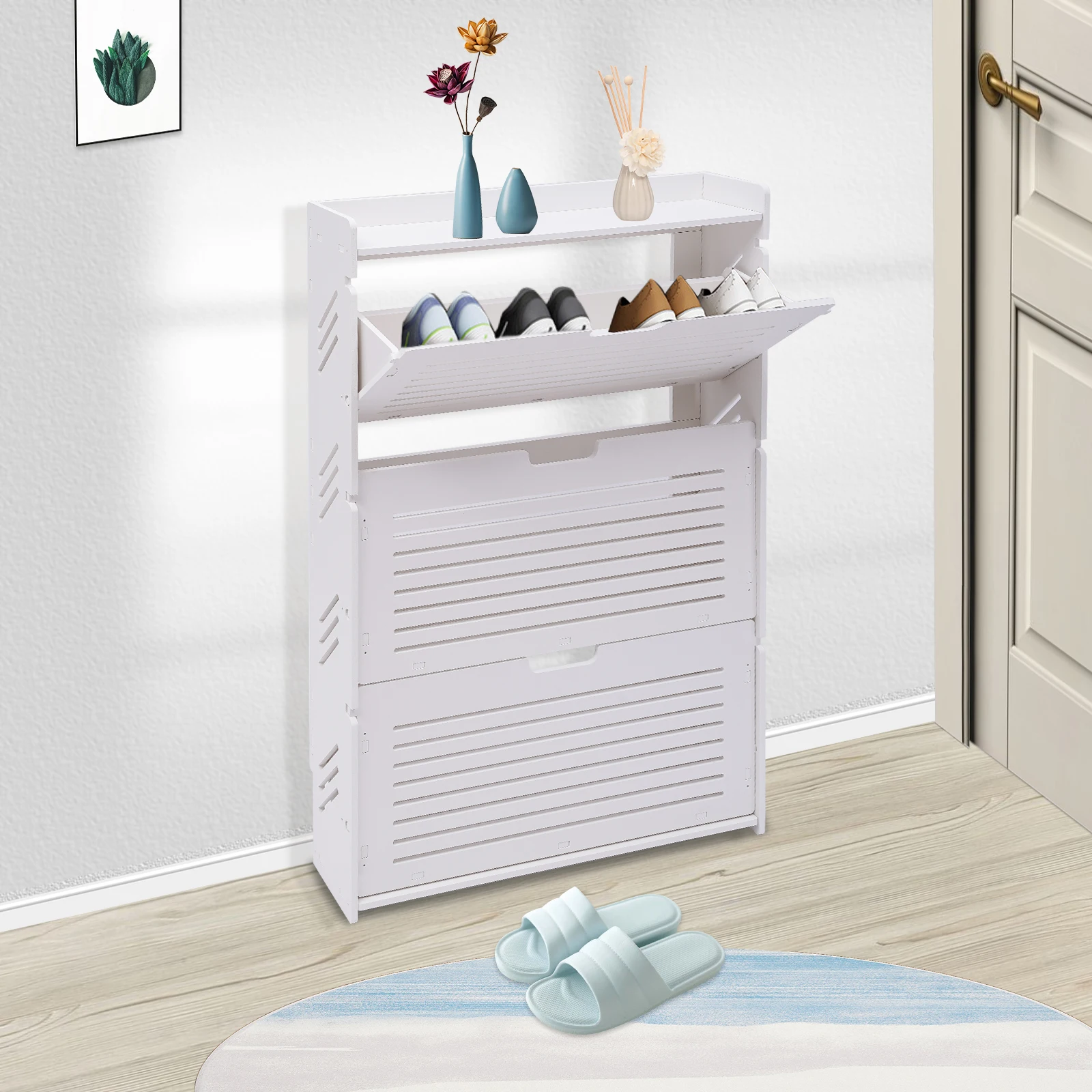 Modern Shoe Storage Cabinet Ultra-thin Shoe Cabinets White Tipping Shoes Storage Rack