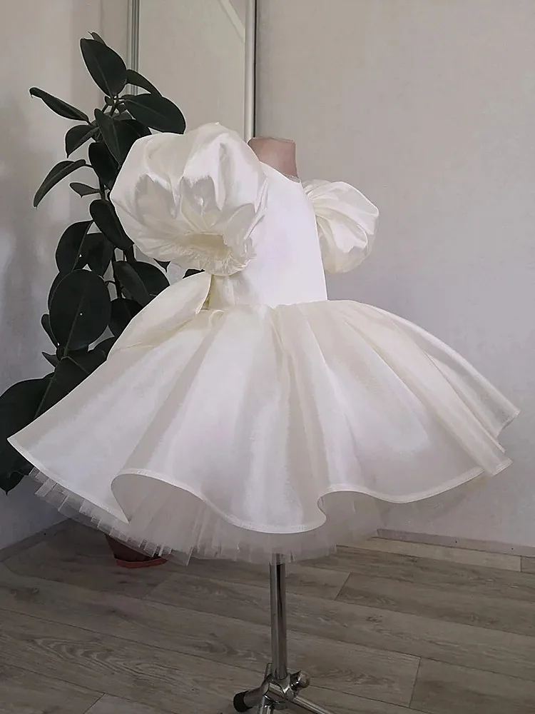 kids Birthday Party Girl Wedding Flower Girl Dress Champagne puff sleeve Satin Big bow Flower Girl Baby Dress First Gown