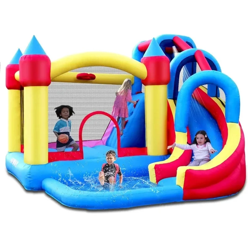 

Inflatable Bounce House with Water Slide,Wet and Dry Use,Basketball Hoop,Climbing Wall，Bouncy Castle with Ball Pit