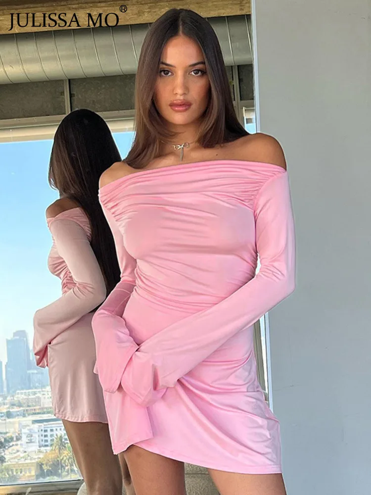 

JULISSA MO 2023 Autumn Fashion Slash Neck Long Sleeve Ruched Pink Mini Dress For Women Slim Fit A-Line Dress Party Clubwear