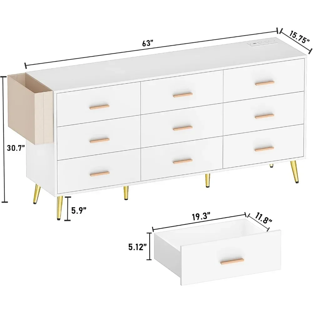 9 lemari rias laci untuk kamar tidur, 63 "lemari panjang dengan stasiun pengisian, dada laci lebar Modern dengan pegangan Emas & kantong penyimpanan