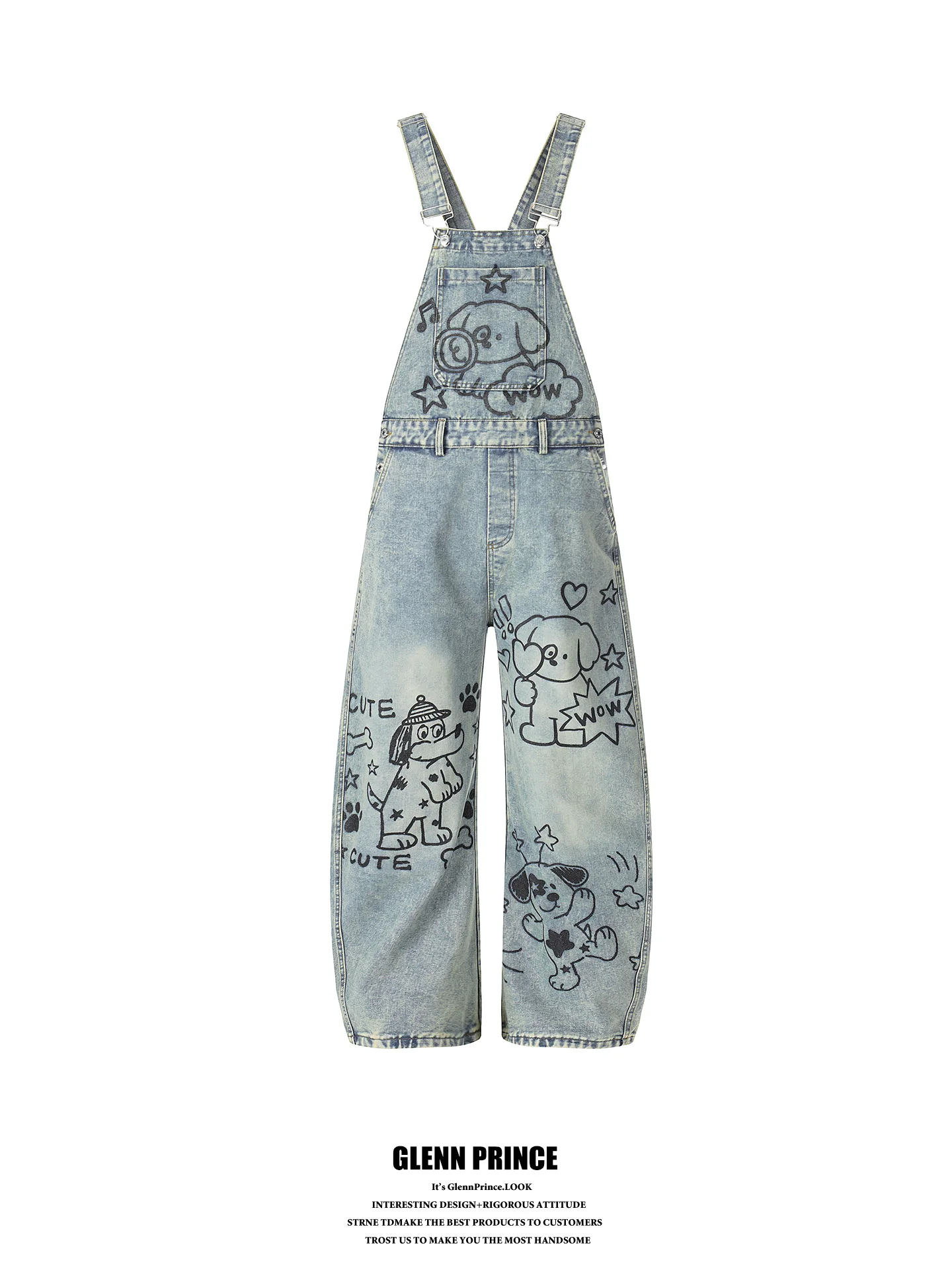 American Graffiti Dog Print Denim Overalls Men's Straight Leg Jumpsuit Slimming Design Casual Youth Fashion Cotton Blend Jeans