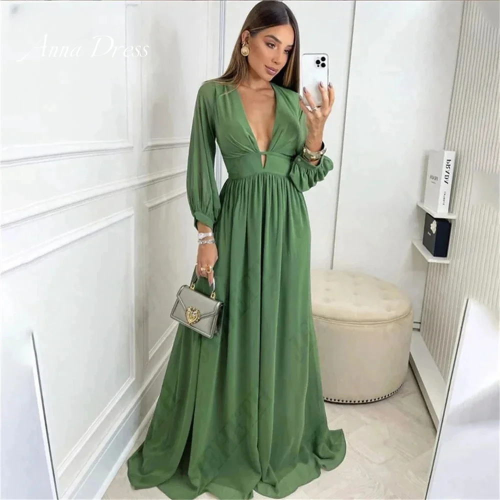 

Anna Chiffon Evening Dresses Elegant Luxury Evening Dress 2024 V-neck Green Long Sleeves Wedding Guest Dress Women Elegant Prom